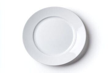 Simple white dinner plate, overhead view, isolated