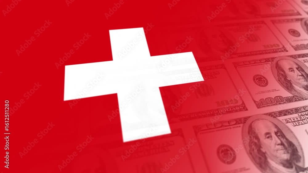 Poster swiss flag with a slight movement in the wind and dollars moving horizontally in the concept of inte