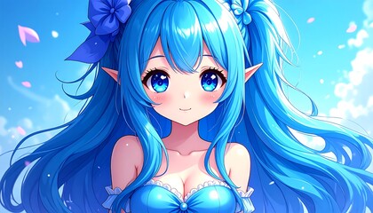 Anime girl with vibrant blue hair and eyes