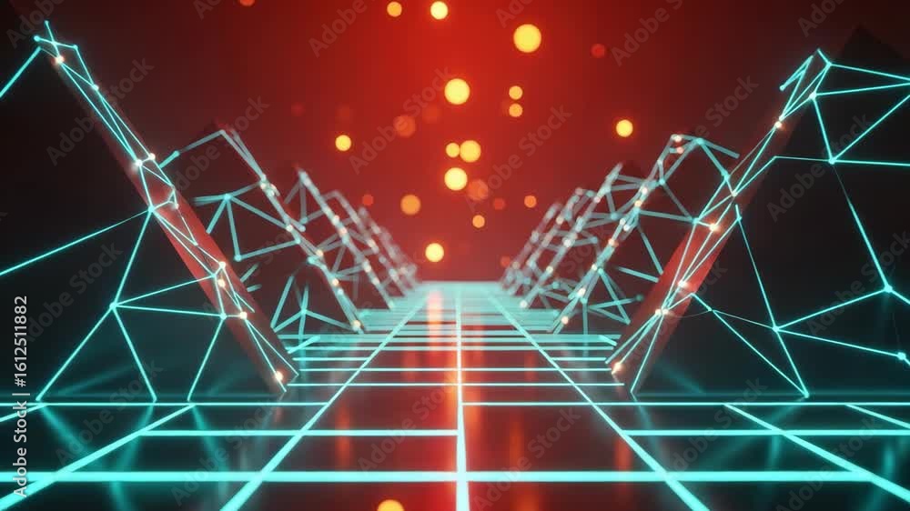 Poster a futuristic landscape featuring glowing geometric pyramids and a neon grid pathway set against a vi