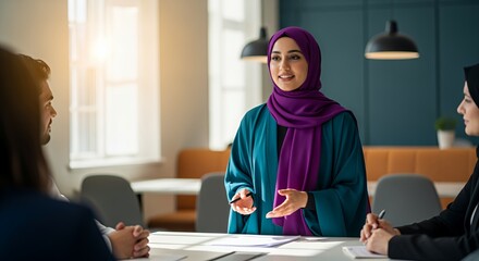 A confident businesswoman in a hijab leads a productive meeting, engaging colleagues in a collaborative discussion.