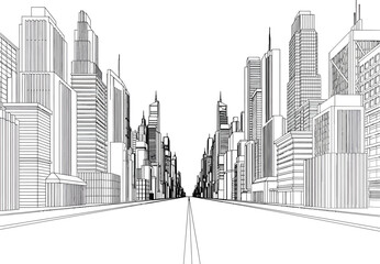 Architectural sketch of a futuristic city skyline with towering skyscrapers creating a vanishing point perspective down a wide street
