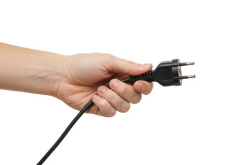 Hand holding a black electric plug isolated on transparent background