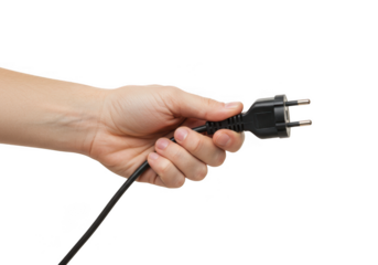 Hand holding a black electric plug isolated on transparent background