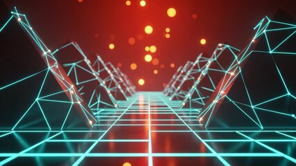 A futuristic landscape featuring glowing geometric pyramids and a neon grid pathway set against a vibrant red background with floating orbs ideal for tech-themed designs and digital art - Powered by Adobe