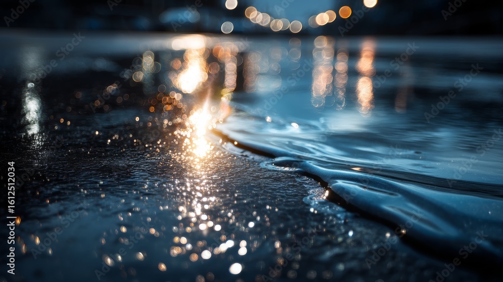 Poster a close-up of reflective water on a surface with blurred lights creating a sparkling, bokeh effect d