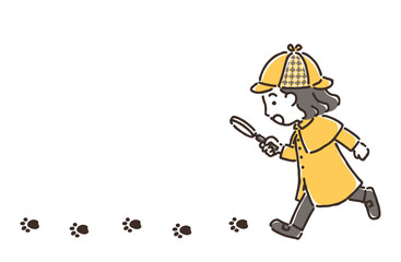 虫眼鏡を持って足跡を追っている探偵姿の女の子