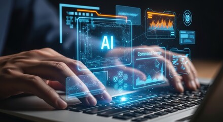 Hands on keyboard showcase digital technology data interface for innovative computer programming and network communication