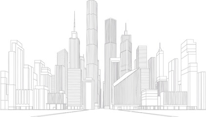 Detailed architectural sketch of a modern city skyline featuring numerous skyscrapers and tall buildings against a white background