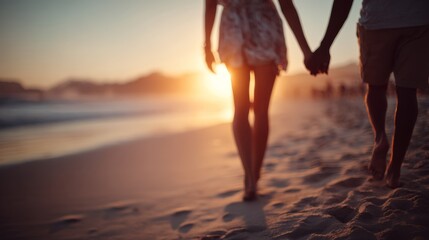 A couple walks hand in hand on a sandy beach at sunset, creating a romantic and serene atmosphere.