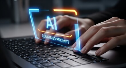 Typing on laptop showing artificial intelligence command prompt with futuristic digital technology interface