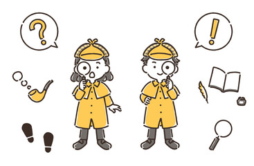 虫眼鏡を覗いている探偵姿の女の子と男の子