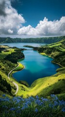 A view of a tranquil lake surrounded by green mountains and hills.