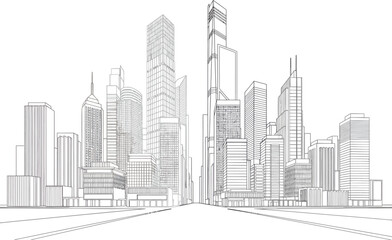 Detailed architectural sketch of a modern city skyline with numerous skyscrapers and a clear sky background