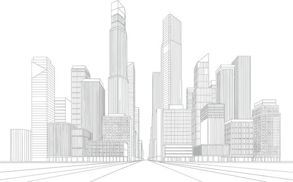 Detailed architectural sketch of a modern city skyline with tall skyscrapers and urban landscape on a white background