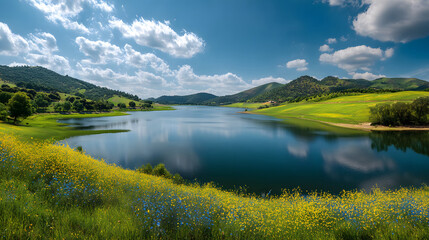 A view of a tranquil lake surrounded by green mountains and hills.