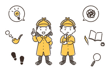 探偵姿の女の子と男の子（指差し・考え中）