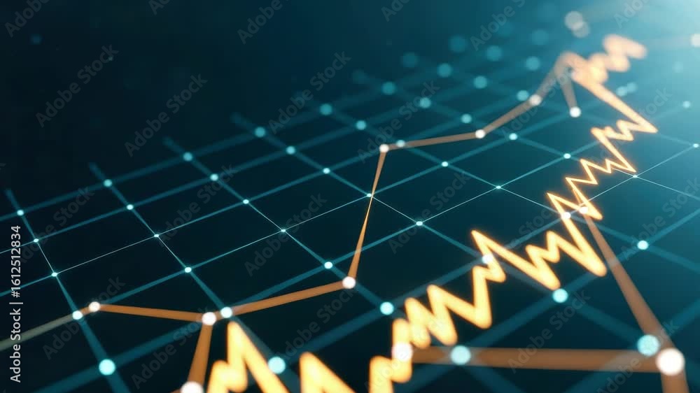 Poster a close-up view of a dynamic financial chart displaying fluctuating stock market trends with glowing