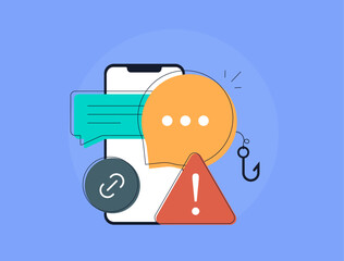 Smishing alert icon in group chat with fake SMS or messenger links. Warning about phishing link risks and spam link in chat groups. Smishing attack scenarios in mobile messaging vector illustration