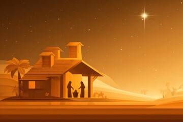 Naklejka premium A beautiful flat art illustration of the Nativity scene with a manger and a woman, capturing the serene and spiritual moment.