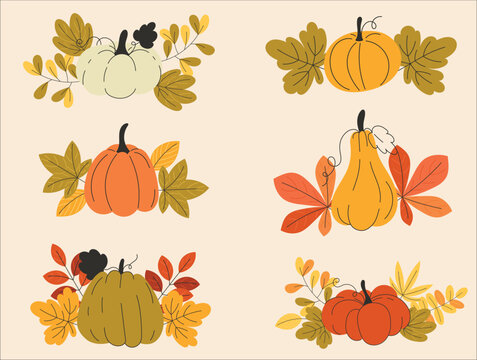 A charming collection of hand-drawn autumn pumpkin and gourd arrangements with colorful fall leaves. This set of seasonal harvest illustrations is ideal for festive designs.