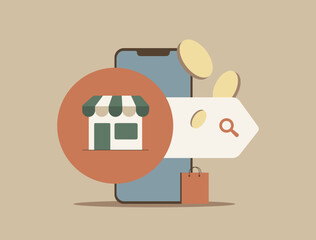 Marketplace app with clean interface, seller dashboard, product listings, reviews, advanced filters and mobile compatibility for online sales. Marketplace app design vector illustration with icons