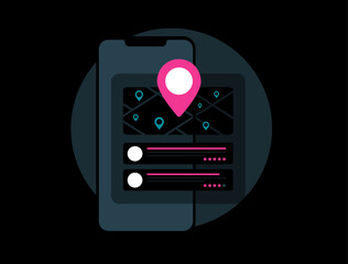 Local business ranking with map pin, mobile interface, review stars and location search. Local organic search with customer rating system, navigation app UI, black background vector illustration