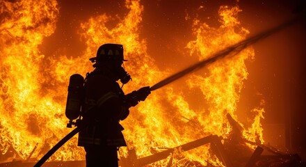 A firefighter battling a raging inferno, silhouetted against a wall of intense orange and yellow flames.