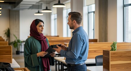 A man and a woman in a modern setting engage in a serious discussion, possibly reviewing documents or plans.