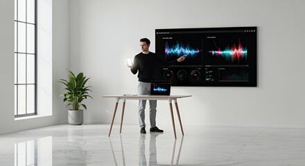A young man presents data visualizations on a large screen and a laptop during a modern presentation.