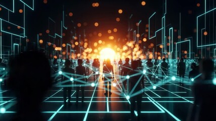 A futuristic scene depicting silhouettes of people standing in a digital landscape filled with glowing connections and a vibrant sunset symbolizing technology innovation and connectivity - Powered by Adobe
