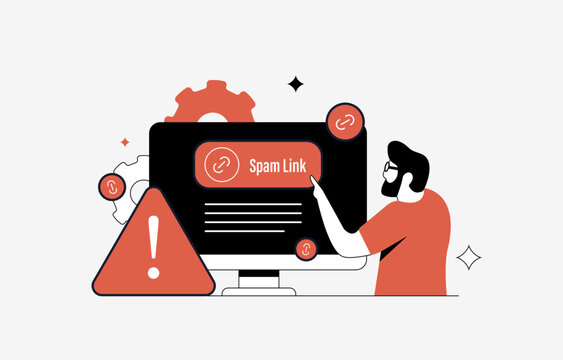 Spam link alert with broken chain, phishing link warning. SEO danger from spam link tactics and spammy links, harmful backlink strategy and low-quality backlinks. Modern vector illustration