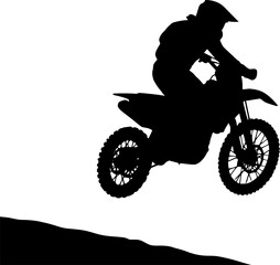 Naklejka premium Motocross Rider Silhouette: A bold and dynamic silhouette of a motocross rider in action, leaping high on their dirt bike, capturing the thrill and adrenaline of this extreme sport.