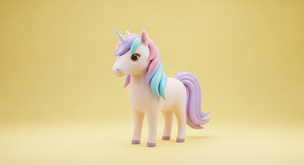 A whimsical unicorn with a colorful mane and tail stands gracefully.