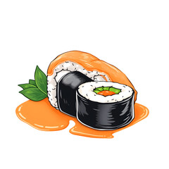 A drawing of a sushi roll with a sauce on top