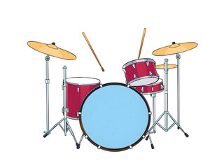 A drum set with a blue drum in the middle