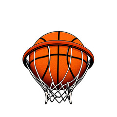 A basketball is in a net