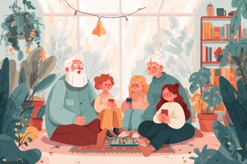 A multigenerational group of people, including grandparents and children, sitting on the floor in a cozy living room, enjoying a board game together.