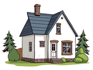 A cartoon house with a blue roof and white trim