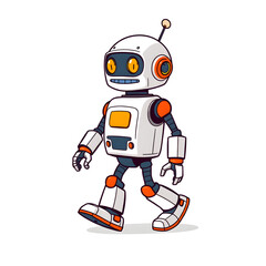 A robot is walking on a white background