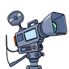 A cartoon camera with a remote control on the left side