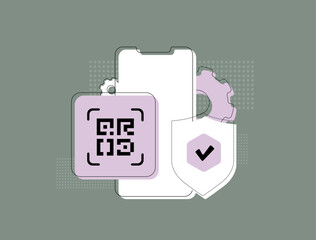 QR code used for secure login and qr code verification with smartphone authentication. QR for mobile security, two-factor access, identity verification and data protection. Vector illustration