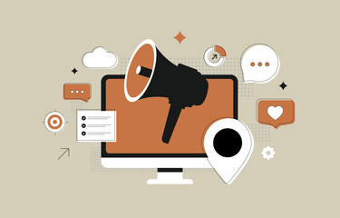Naklejka na ściany i meble Digital marketing strategy with megaphone, audience targeting, content promotion and online advertising. Digital marketing strategy - social media campaign elements on screen. Vector illustration