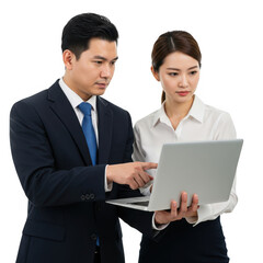 Obraz premium Business colleagues working together on laptop isolated on transparent background