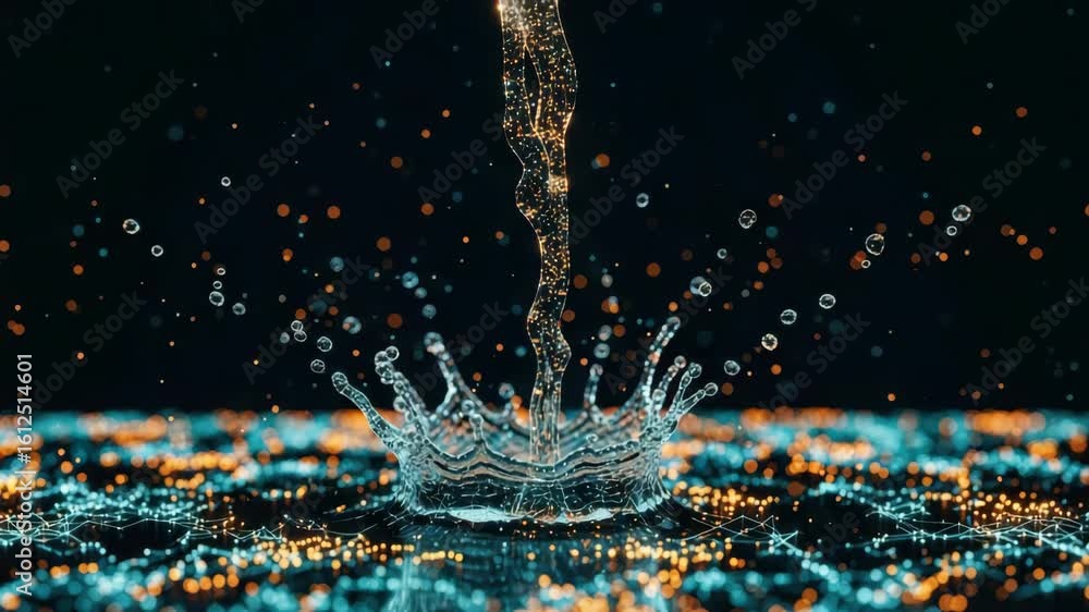 Poster a mesmerizing close-up of water splashing against a backdrop of glowing blue and orange lights creat