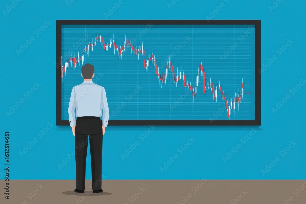 Poster a man sitting in front of a large screen analyzing stock market data shown in a chart