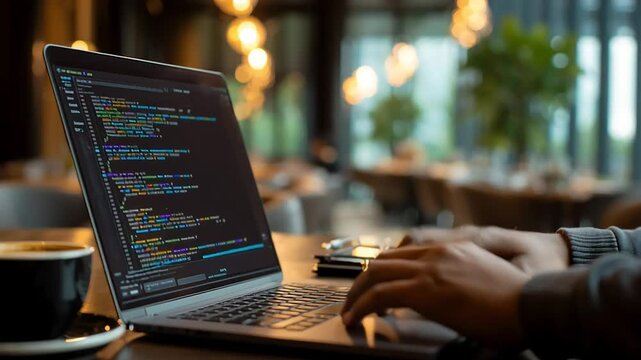 Coding Session with Laptop and Coffee on Table in Cozy Cafe Atmosphere with ai generated
