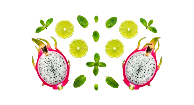 Dragon Fruit Halves Arrange with Lime Slices and Mint Leaves on Transparent Background, Flat Lay