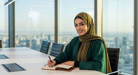 A successful businesswoman in a hijab sits at a conference table in a modern , thoughtfully writing in a notebook.
