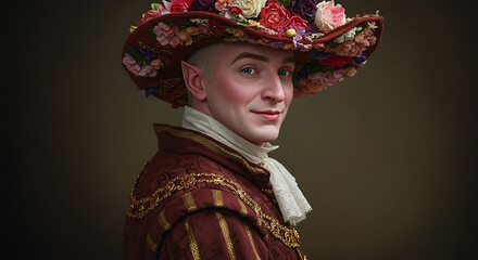 A whimsical portrait of a handsome elven nobleman wearing a magnificent hat adorned with colorful flowers